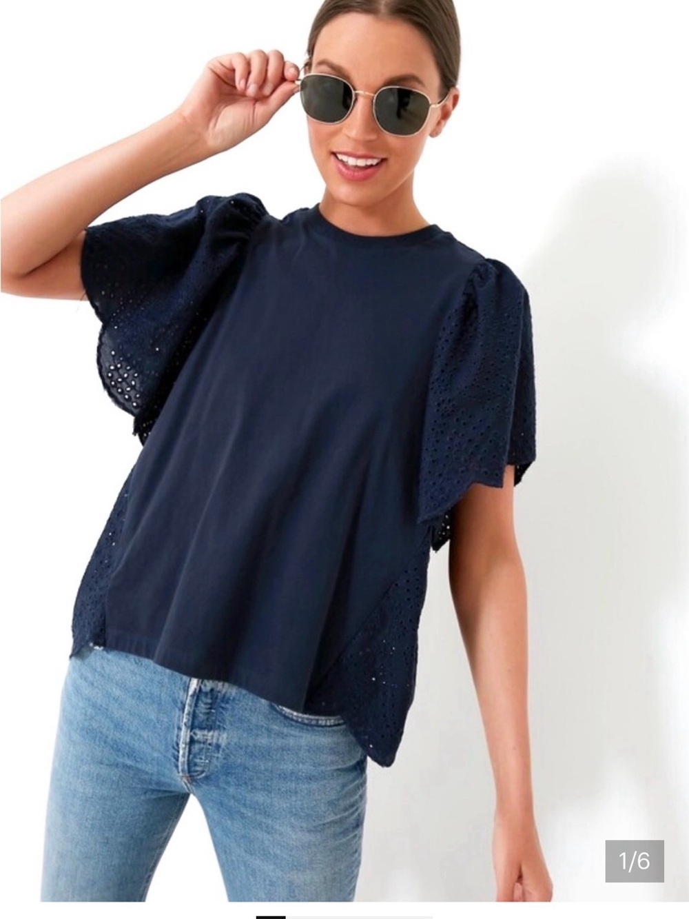 Pomander Place Navy Eyelet Flutter-Sleeve Blouse